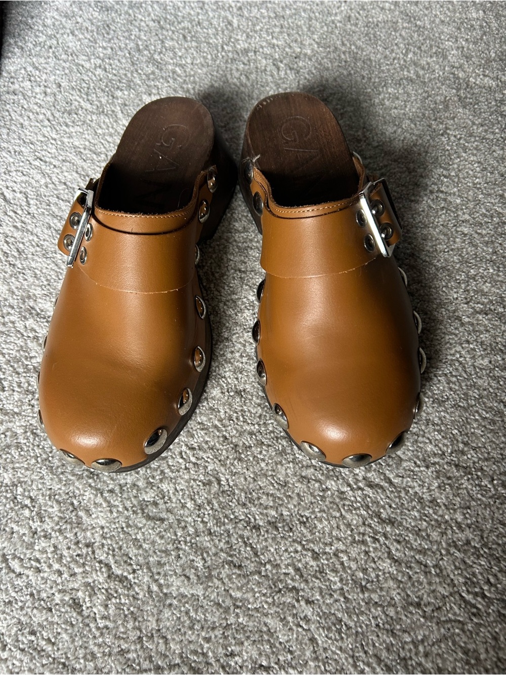 Ganni Tan Leather Studded Clogs